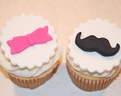 Fondant cupcake toppers Gender Reveal Party - Mustache Bow