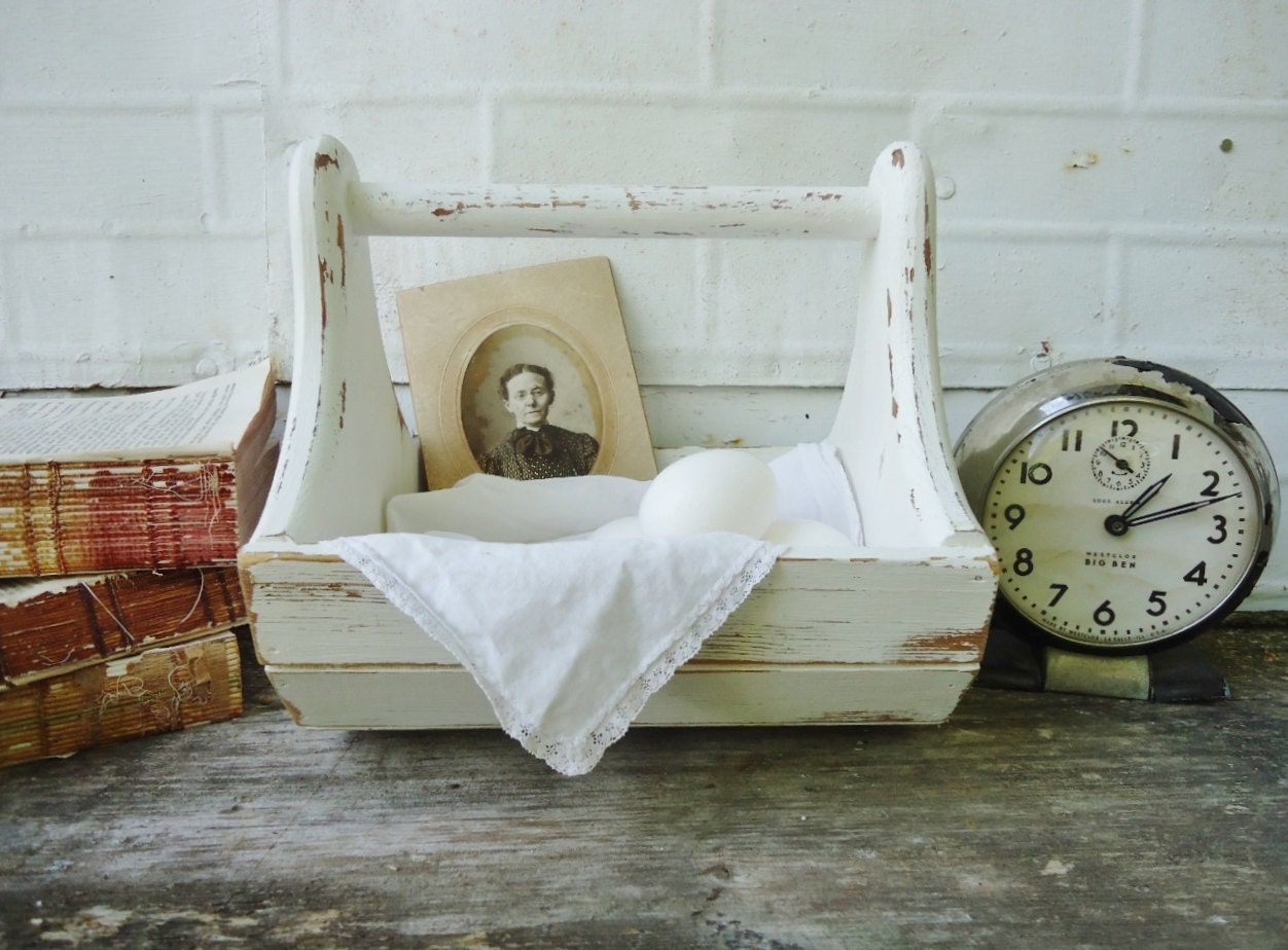 RESERVED for Kate - Wooden Egg Basket - Distressed Cottage White - Wooden Tote