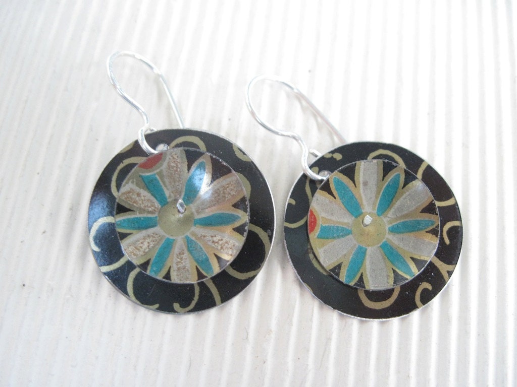 Black Turquoise Medallion Disc Earrings-Recycled Tin-Ornate Patterns-Lightweight Earrings