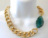 Chunky Gold Chain Link Necklace with Turquoise Blue Agate