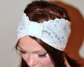 Turban Headband Lace Ivory Cream Hair band Peach Headwrap Stretch Lace Turban  Headcovering  Vintage Wide Headband Wedding Gift under 25