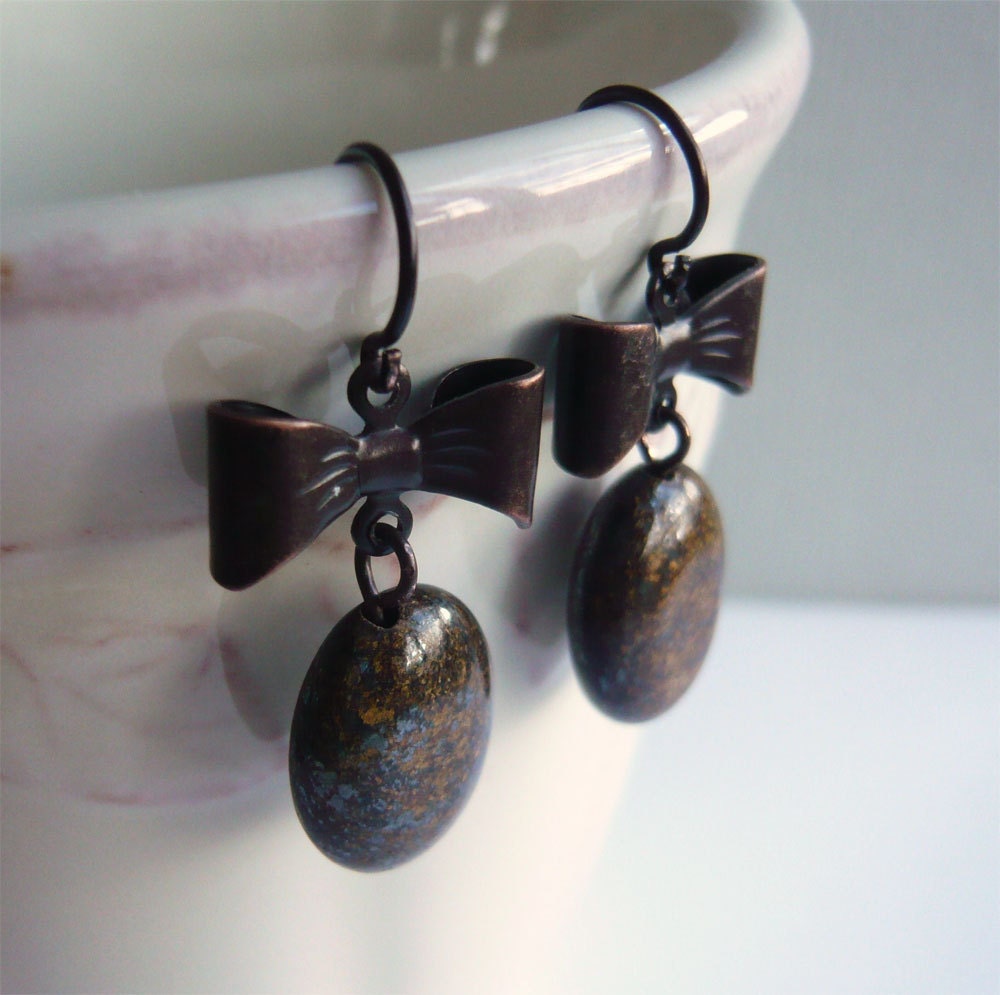 Brown Bow - Drop Earrings -  Bronzite - Stone Jewelry - Dangle - Dark Antiqued Brass - Under 25 - 3pearls