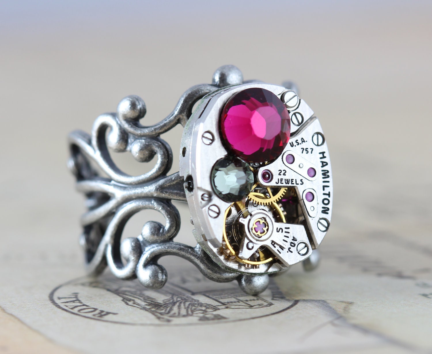 Steampunk Ring READY TO SHIP Steam Punk Jewelry - Vintage Clockwork Ring - Pink & Black Diamond Swarovski Crystals
