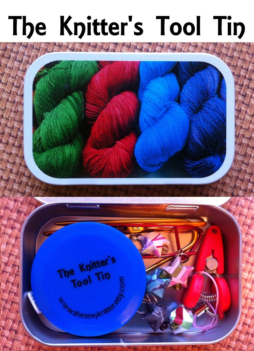 Yarn: The Knitter's Tool Altoid Tin with notions for your Knitting Project Bag