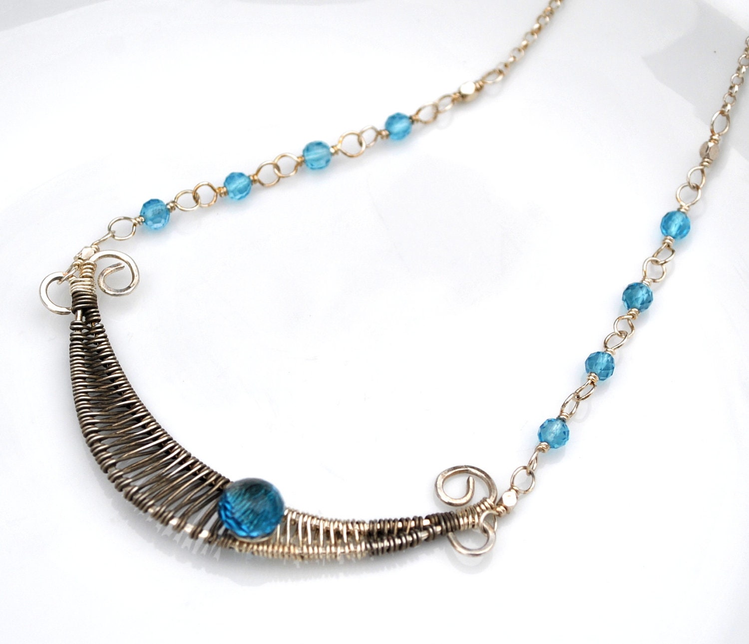 London Blue Topaz Sterling Silver Necklace - Wire Weave Pendant, Modern, Oxidized Silver, Gift For Her, Springtime 2013