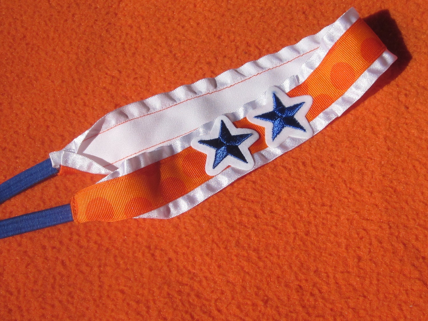 Gator Orange over White Ruffled Grosgrain Ribbon 1 1/2" Wide Headband with Embellished with Large Blue Stars - University of Florida