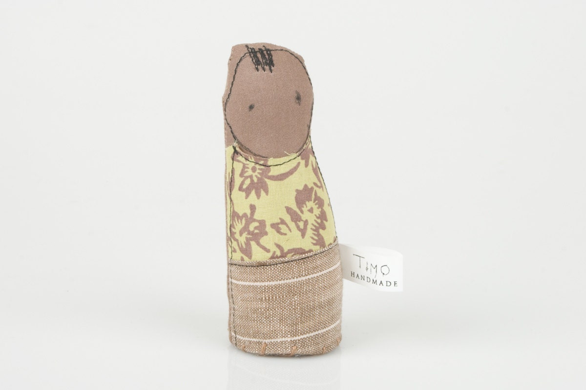 little African toddler boy wearing - Green retro shirt with flowers and natural canvas pants - handmade fabric doll