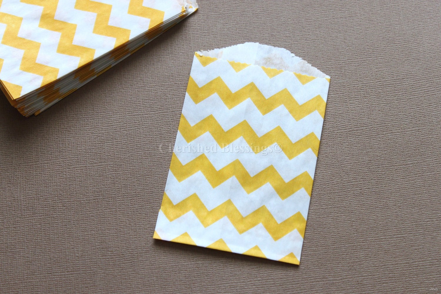 Chevron Bags, 20 Silverware Flatware Bag MINI SIZE Yellow Candy Treat Paper Goods Table setting Birthday Wedding Baby Shower w/ straw flags Il_170x135