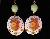 Vintage Earrings, Reclaimed Earrings, Statement Earrings, Flower Cabochon, White Enamel, Under 30 - Festive