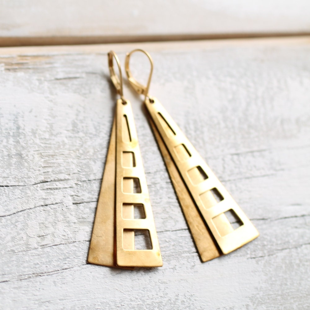 Geometric Deco Earrings .. Ladder Triangle Brass Pyramid