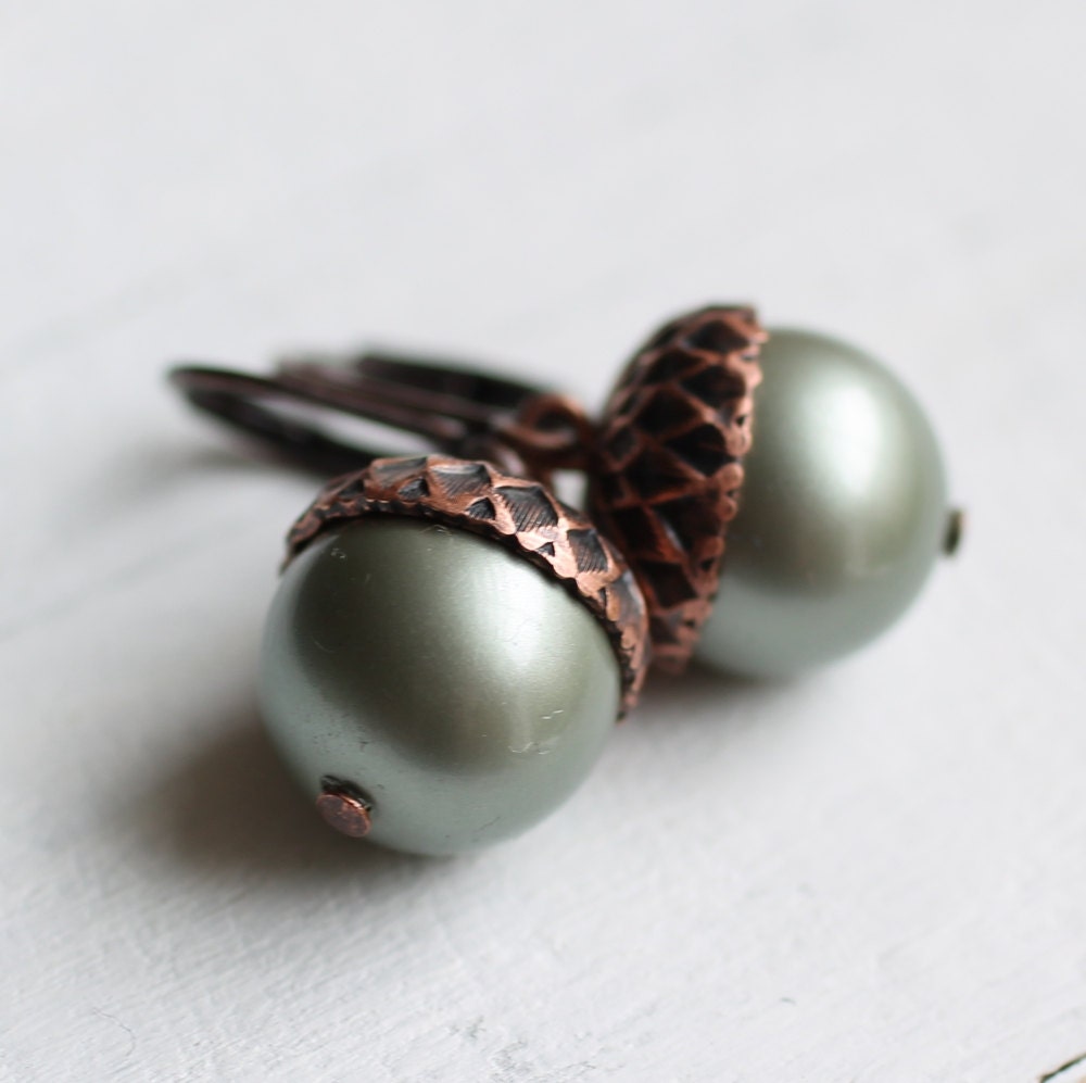 Acorn Earrings ...  Dusky Sage Grey Green Swarovski Pearls with Antique Copper Oak