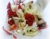 Bridal Bouquet Fabric Flowers, Red Flowers Wedding Bouquet With Pearls and Sea Shells