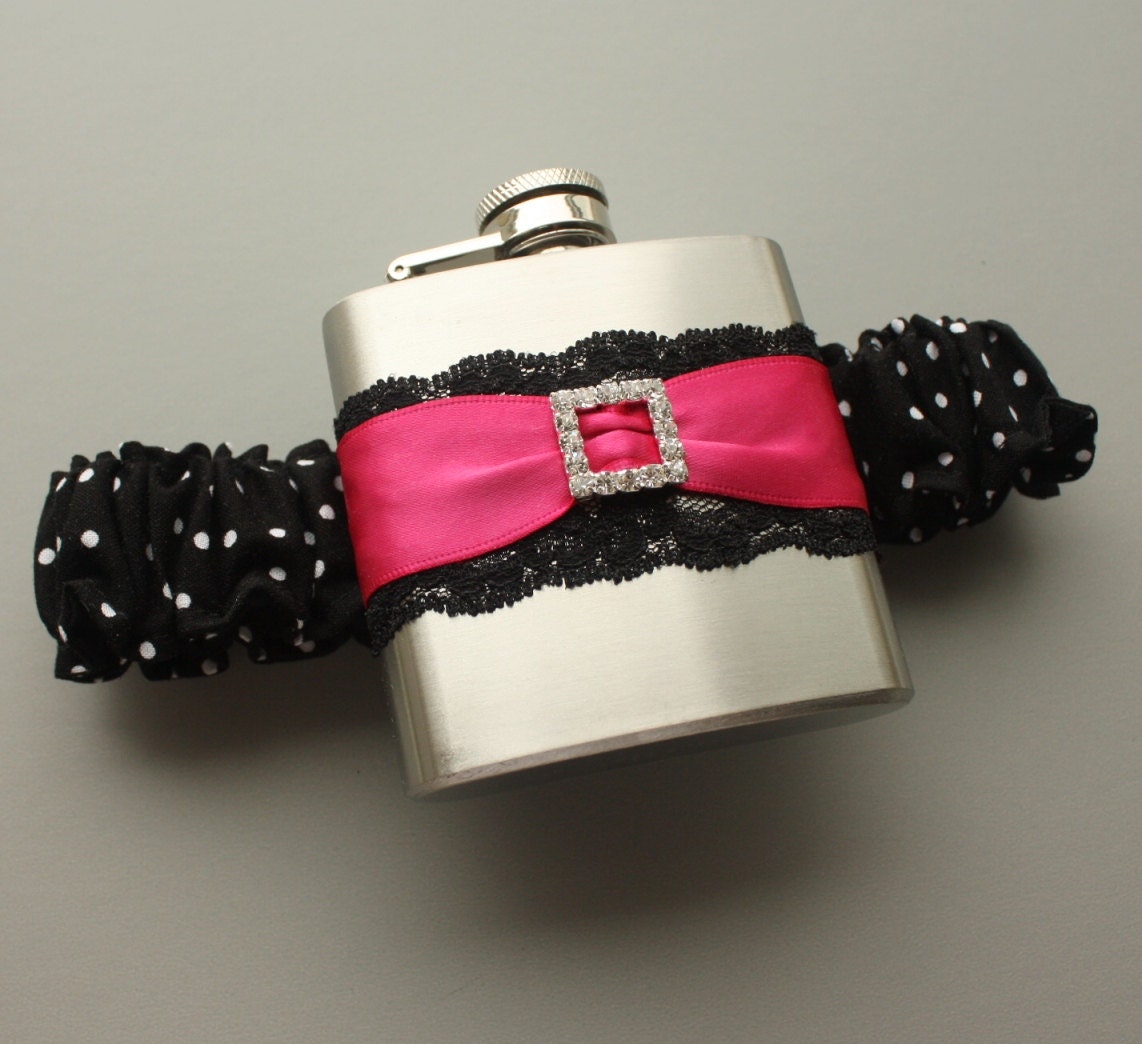 Black & White Polka Dot FLASK GARTER - with Fuchsia (other colors available)