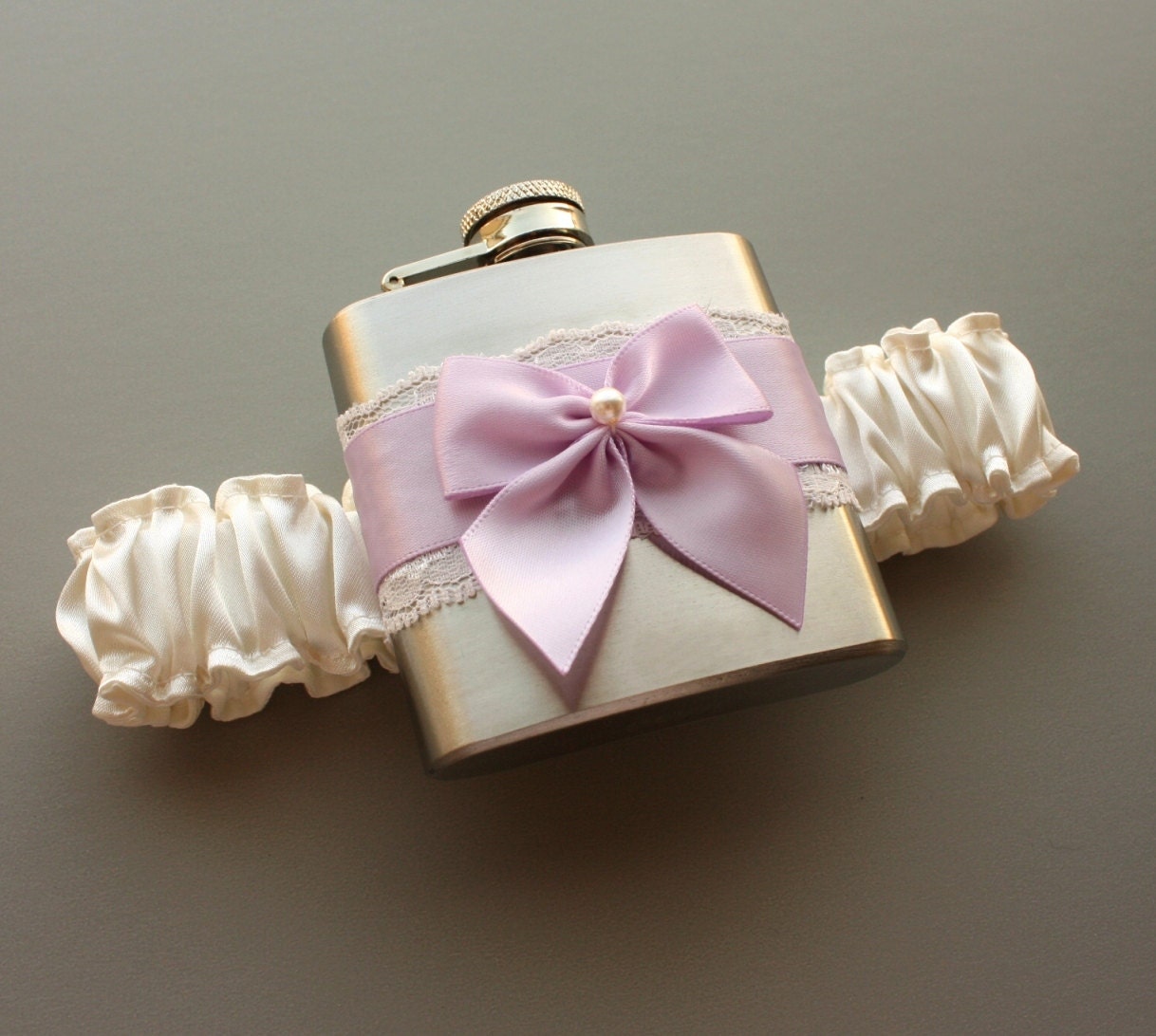 Satin & Lace FLASK GARTER -- Ivory and Lavender (Other Colors Available)