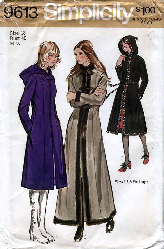 Simplicity 9613 Vintage 70s Misses' Princess Coat in Two Lengths with Hood Sewing Pattern - Uncut - Size 18 - Bust 40