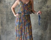 1970s Bohemian Patterned Dress with Feathers/Beads