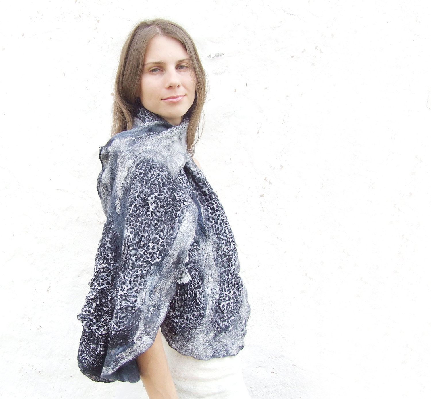 Grey wool and shiffon scarf shawl, fall autumn black fashion fashion nuno felting