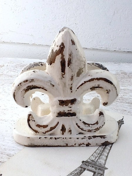 Rustic Wedding Fleur De Lis Business Card Holder-Cast Iron-Vintage Inspired-Metal Office Decor-Shabby Chic Cream-French Decor-Spring Summer