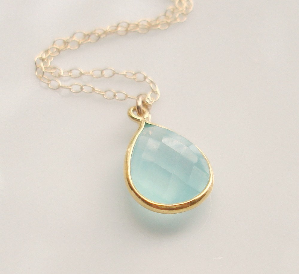 Aqua Chalcedony Necklace Teardrop Pendant Gold Vermeil Bezel