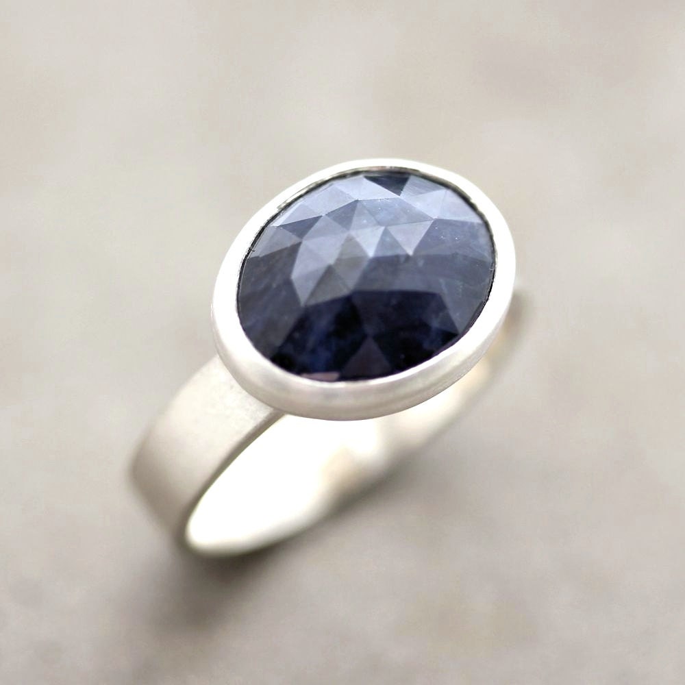 Blue Sapphire Ring, Navy Royal Midnight Blue Rose Cut Gemstone September Birthsone Sterling Silver Ring Sapphire Jewelry - Size 8