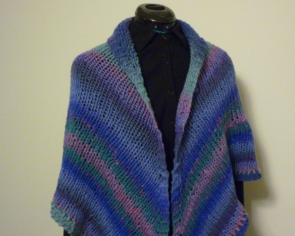 Striped wool shawl, large, triangular, 100% lambs wool, Northern Lights colors, knit