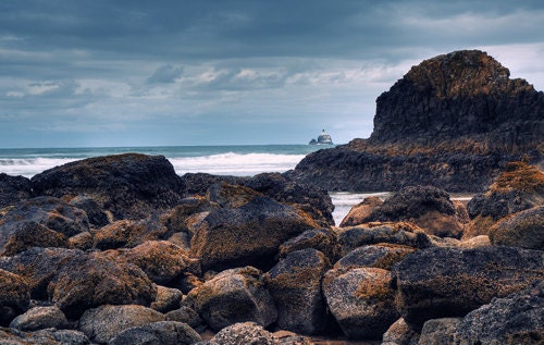 Beach Photography Lighthouse photo Nautical Photography Oregon coast nature rocks wall art blue brown black 4x6 Fine Art Photography Print