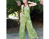 70s - Hearts and Fairies - lime green halter top  jumpsuit pantsuit with  wide legs  with heart pockets - size s m