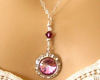 Pink Bridesmaids Crystal Necklace: Romantic, Graceful Swarovski Purple Crystal Necklace, Sterling Silver, Wedding Jewelry, Bridesmaids Gift