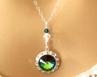 Green Swarovski Crystal Necklace: Romantic, Graceful Green Crystal Pendant Necklace, Sterling Silver, Wedding Jewelry, Bridesmaids Gift