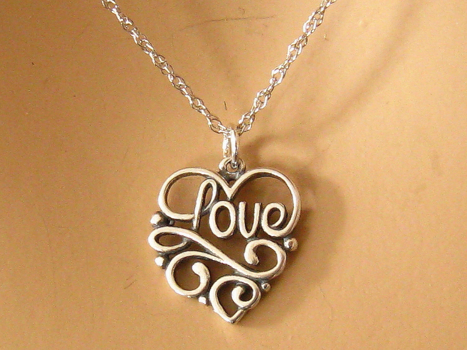 Heart Love Necklace, Romantic Sterling Silver Love Necklace, Love Heart Charm Necklace, Cursive Love, Bridal Shower Engagement Necklace