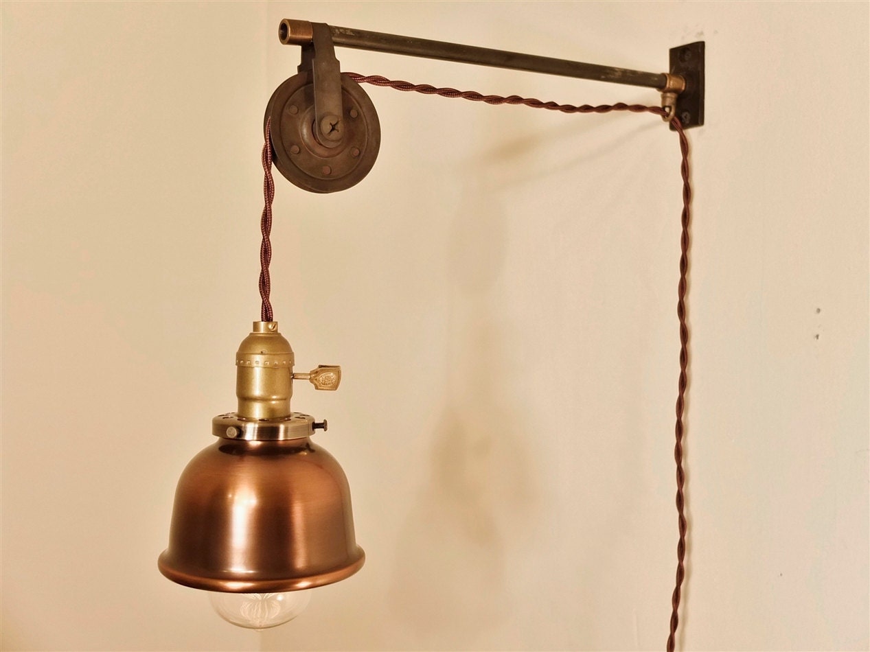 Vintage Industrial Pulley Sconce - COPPER DOME SHADE - Wall Mount Light - Machine Age Trouble Lamp Sconce
