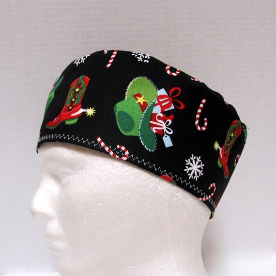 Mens Christmas Scrub Hat with Cowboy Boots and by ScrubHatStore
