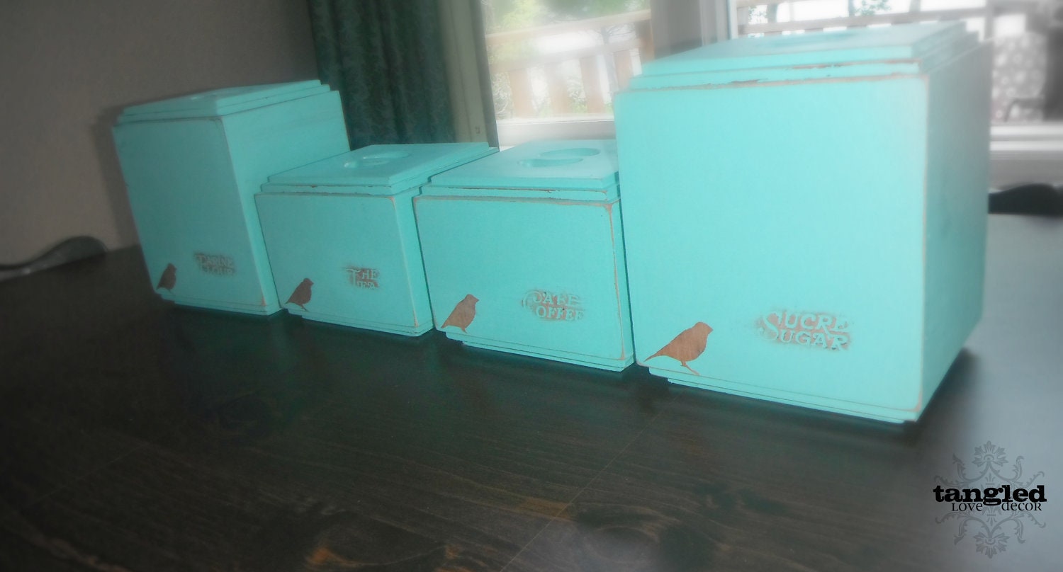 Vintage Wooden Canisters in Distressed Turquoise with Bird Accent