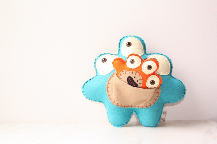 Plush Felt Monster with Baby, Teal and Orange Stuffed Monster Felt Soft Toy, Cute Stuffed Animal Plushie