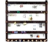 Wooden Peruvian Walnut Wall Mount Jewelry Holder.  Holds 96 Pairs Plus 10 Peg Necklace Rack.  Earring Holder - Earrings Display.