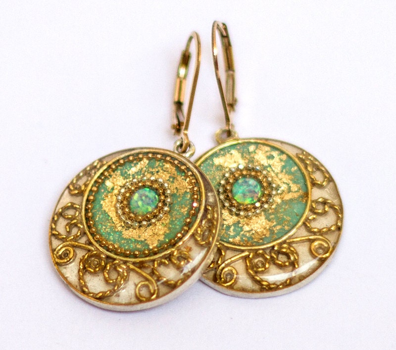 Turquoise Opal earrings, Mint green earrings with gold leaves, Dangle earrings with filigree, Gold filled hooks,