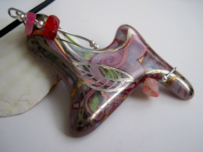 Fused Glass Pendant Pink Silver Leaves Sea Glass OOAK