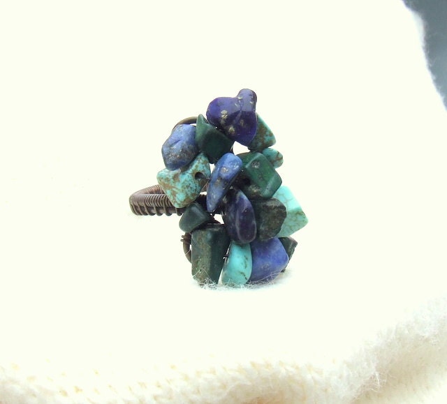Galaxy stone ring, copper adjustable ring, handmade rustic wire wrapped jewelry