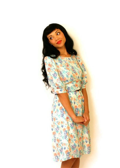 Pastel Rose Floral Print Vintage Dress Medium Large