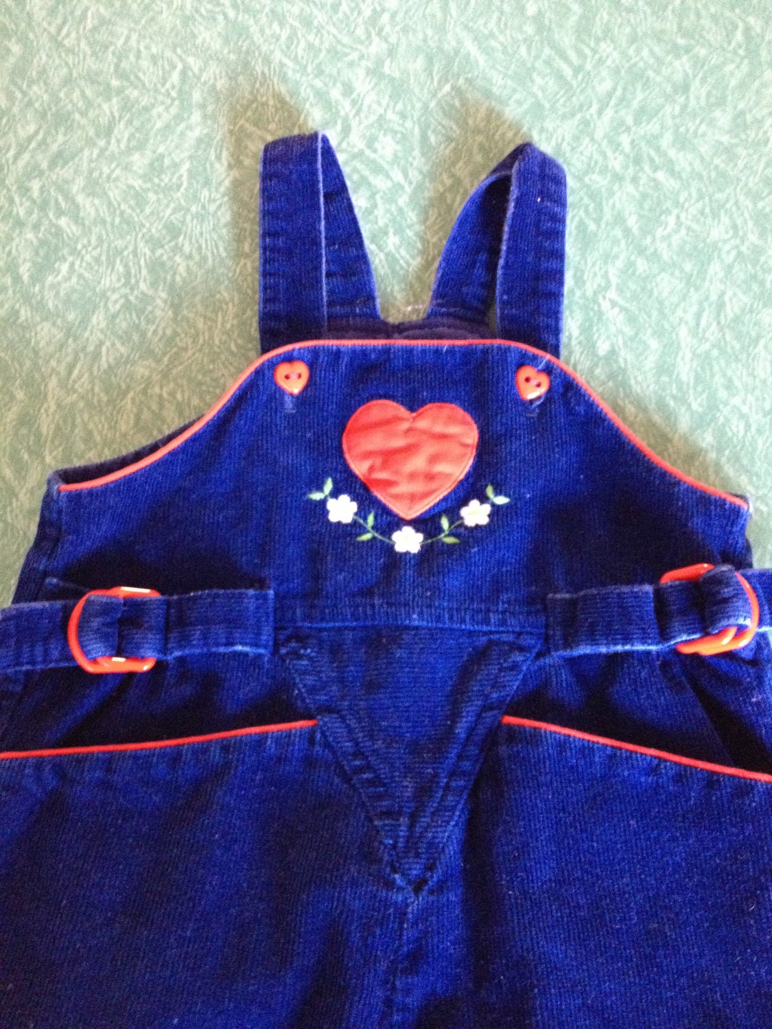 Blue corduroy heart overalls with heart buttons, size 12 months, adjustable