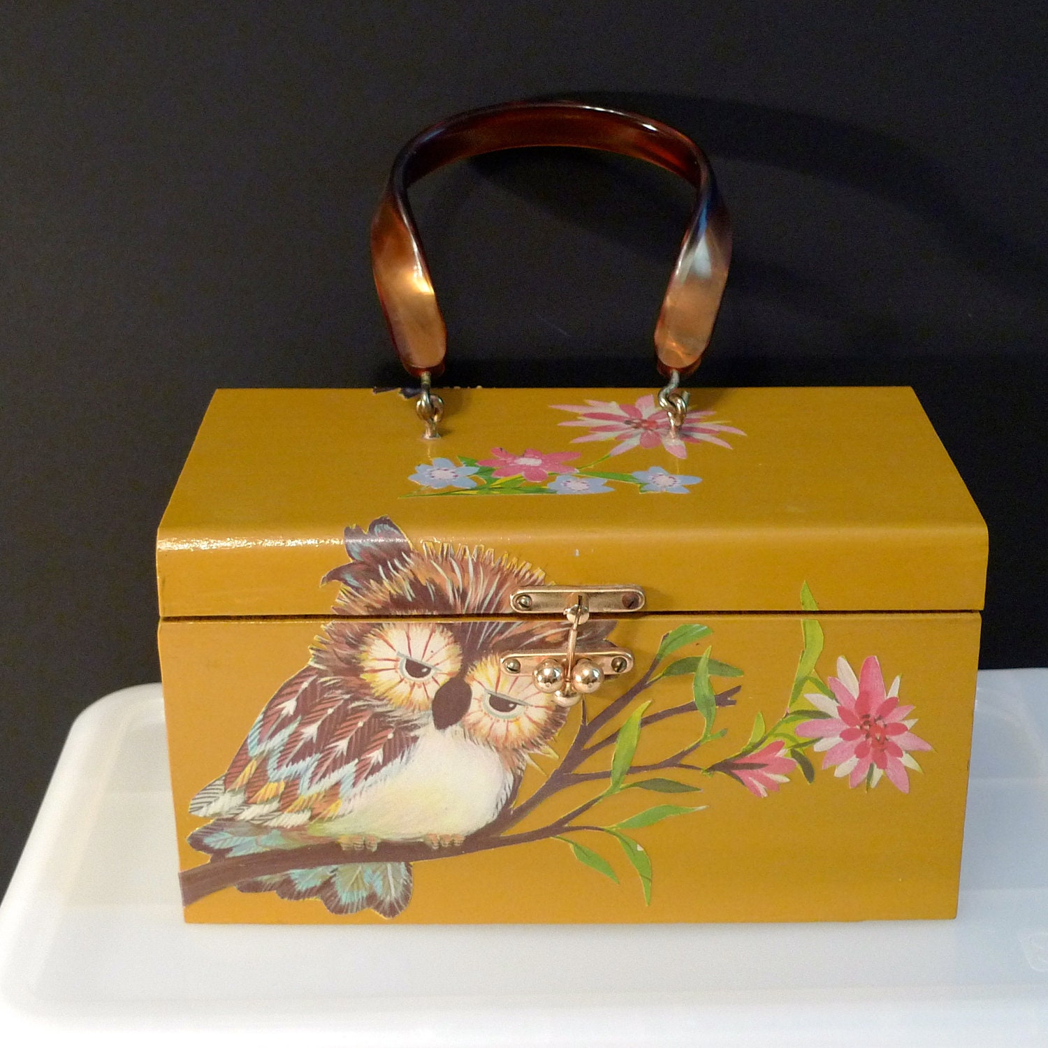 Decoupage purse Owl 70's Flower Handmade Kitsch Wood Box Bag handbag OOAK retro vintage craft yellow gold FREE SHIP