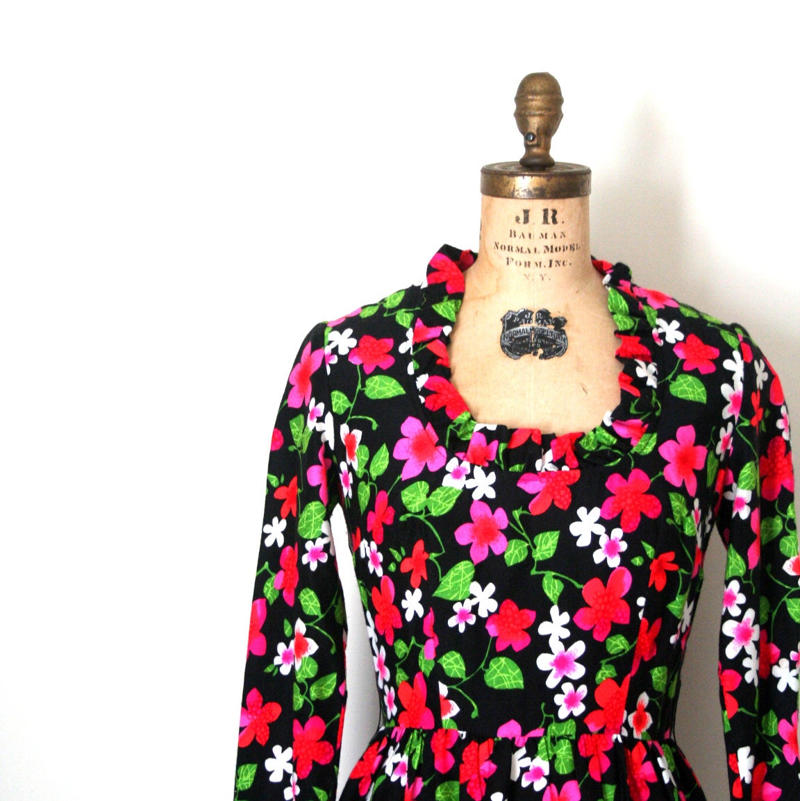 vintage maxi dress NEON floral 1960's spring FLOWER CHILD psychedelic / boho / hippie wedding