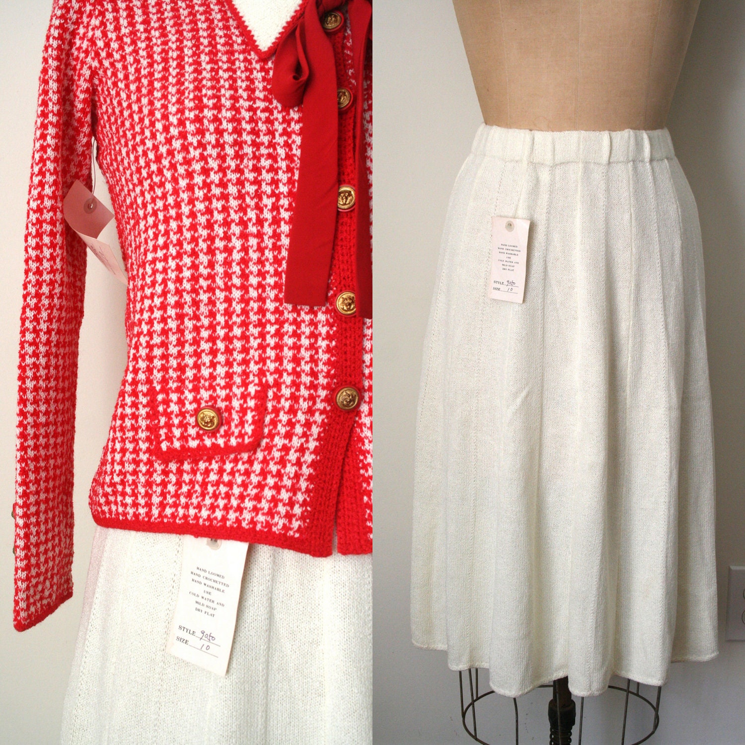 vintage ladies SUIT sweater & knit skirt / red bow FRENCH CHIC Laura Yang - deadstock - nos
