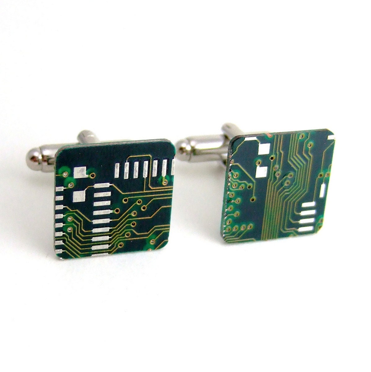 SALE Circuit Board Cufflinks -- Green, Square -- Classy Geek Gear