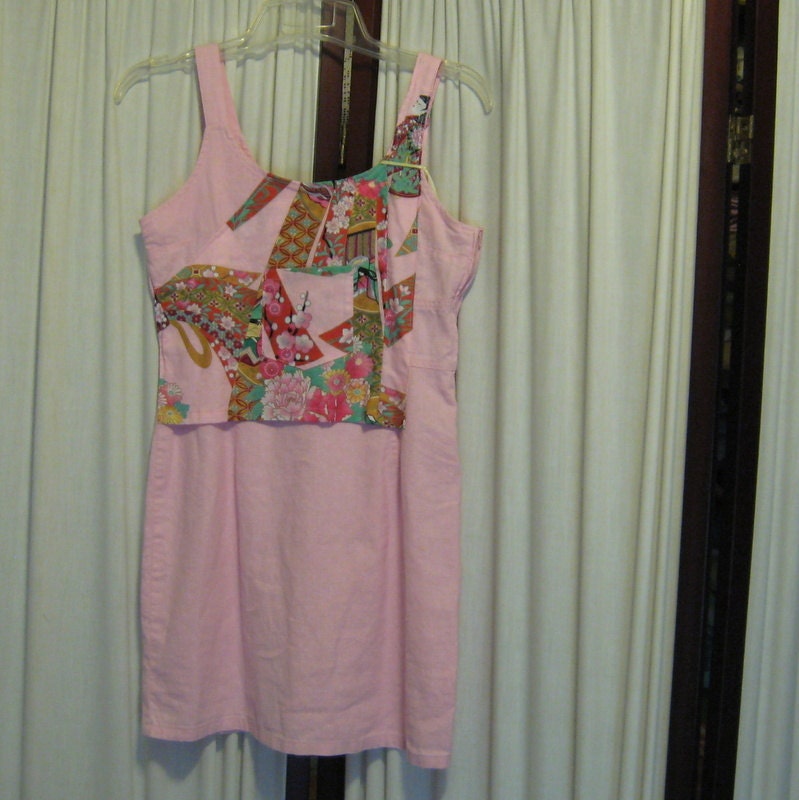 Reconstructed Recycled EcoFriendly Girls' Dress Sz 12 Lt Pink with Awesome Asian Oriental Pink Multi from Kimono