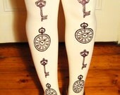 Alice in Wonderland Printed Tights Pocket-Watch Keys Small Medium Black on Cream Womens