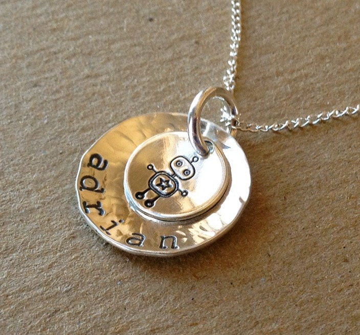 Hand Stamped Stacked Disk Name Necklace - Robot