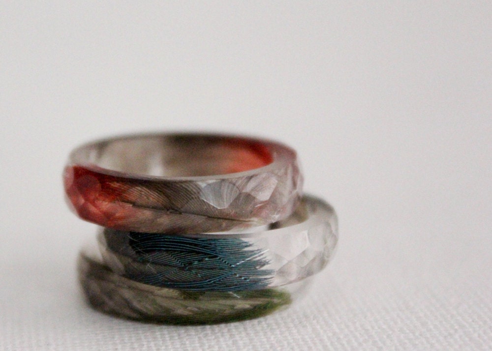 thin multifaceted eco resin ring with blue macaw feathers - size 8