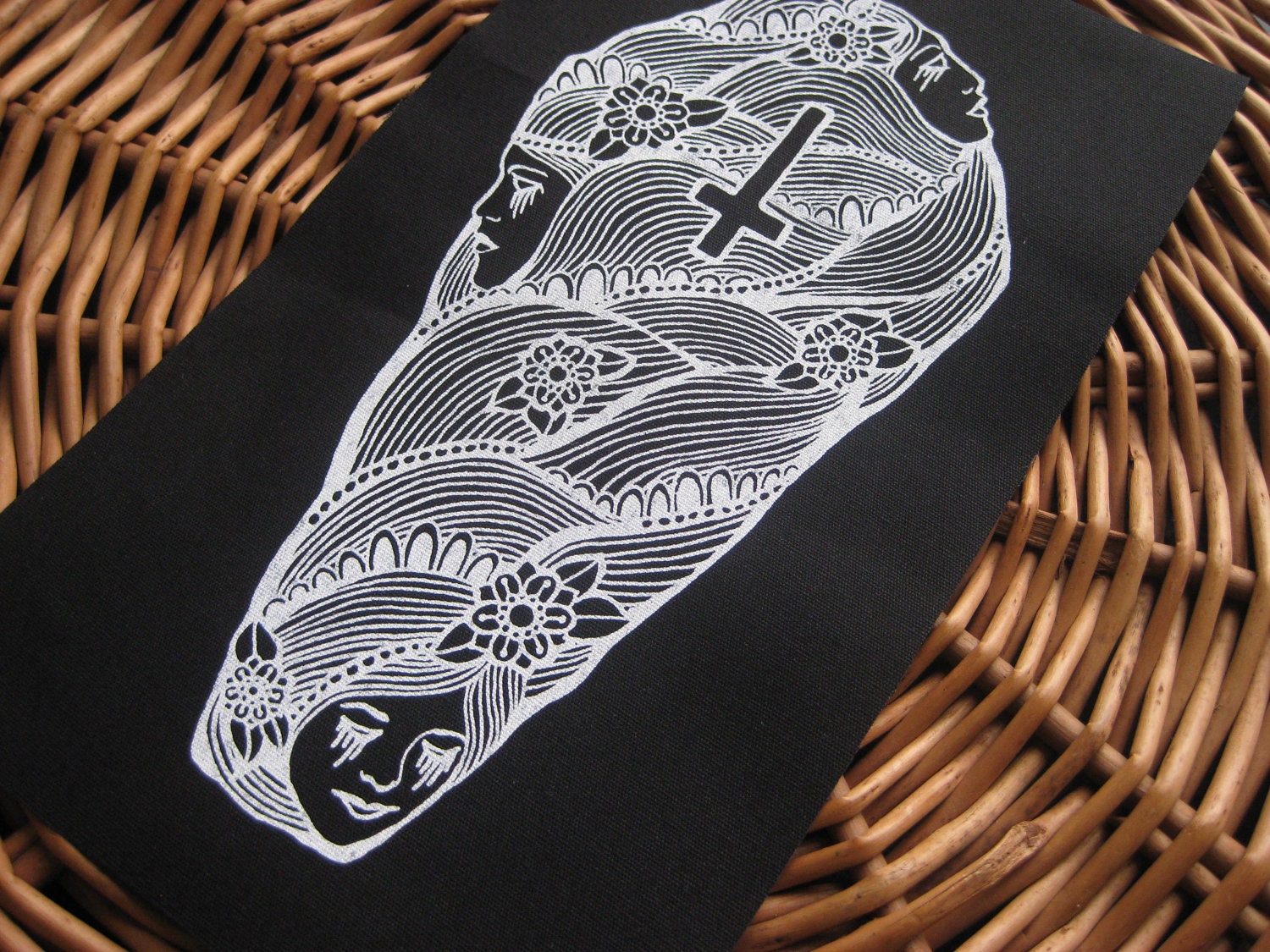 Occult Art Nouveau Coffin handmade screen printed patch, white on black
