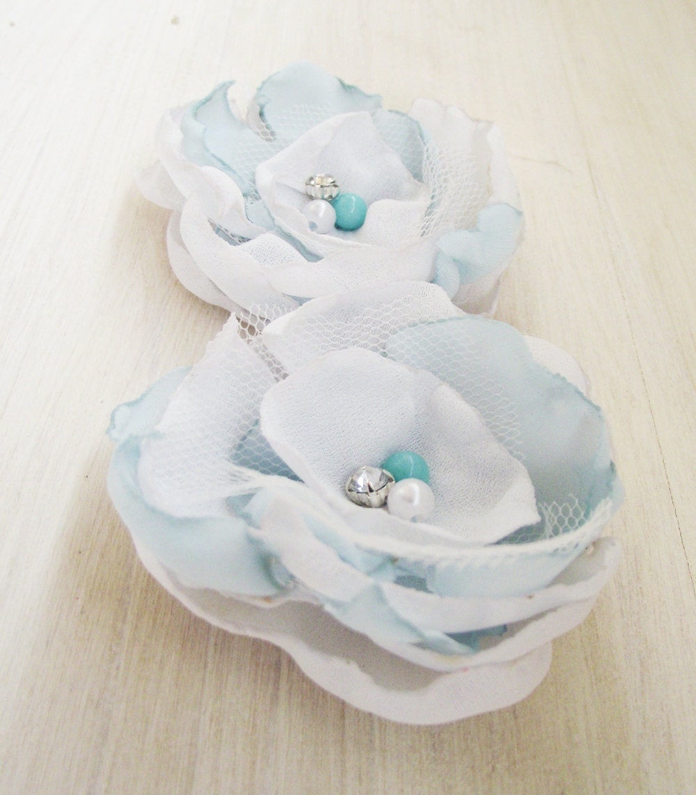 Bridal aqua fabric flowers wedding hair accessories white blue women fashion europeanstreetteam